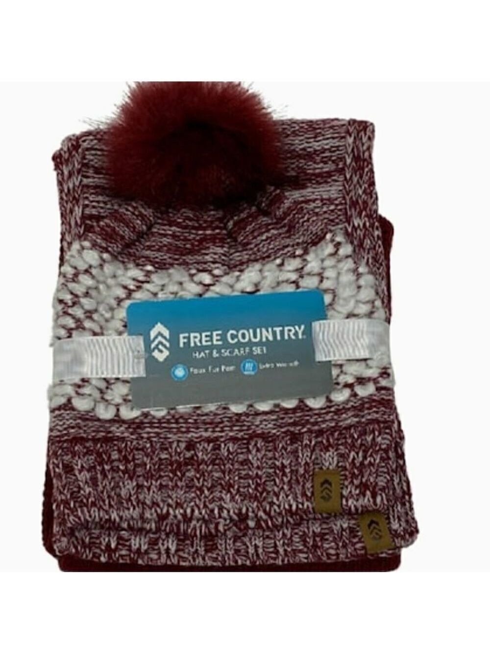 Knit Hat and Scarf Set New Burgandy White NWT Pom Pom